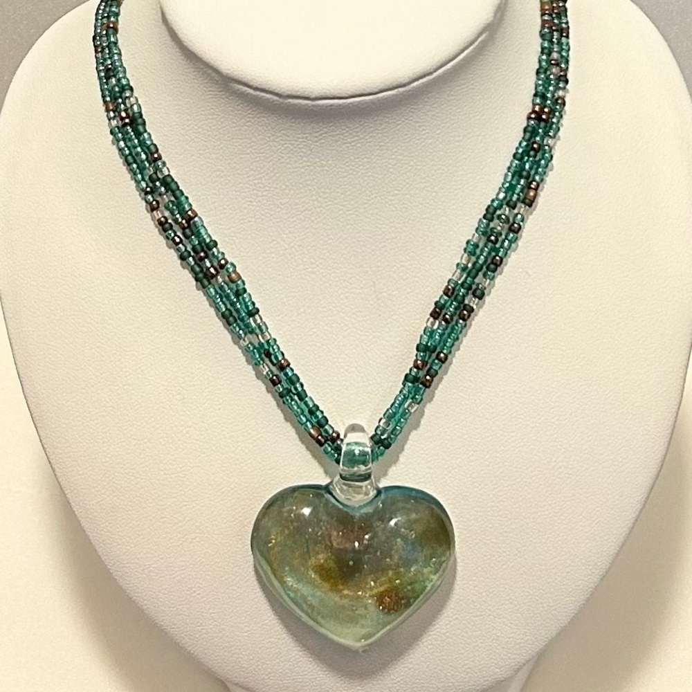 Vintage Glass Art Puffy Heart  1.75” On Glass Seed Bead Necklace 18”